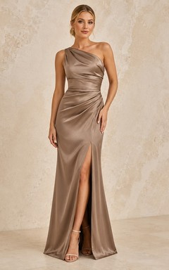 Taupe Satin One-shoulder Mermaid Ruched Split Floor-length Sexy Evening Gown