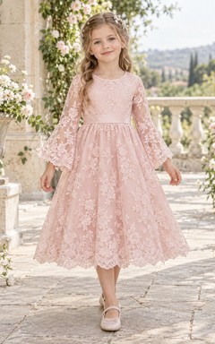 Tea-length Blush Bell Sleeve Scoop Floral Scalloped Bow Sashed Lace A-Line Flowergirl Dress
