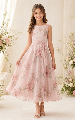 Rosafarbenes Brautjungfernkleid in A-Linie, ärmellos, wadenlang, aus Chiffon mit Blumenmuster, romantisch