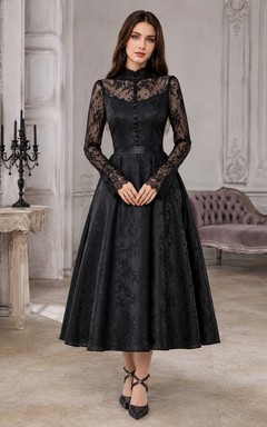 Black High-Neck Long-Sleeve Illusion Lace A-Line Tea-Length Gothic Dress