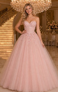 Vestido de quinceañera de gala sin tirantes con apliques de tul color rosa empolvado