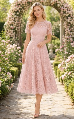 Blush Lace Short Sleeve Garden Wedding Guest Dress