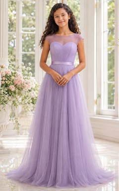 Lavendelfarbenes Brautjungfernkleid, A-Linie, herzförmiger Schnitt, kurze Ärmel, Tüll, romantisch