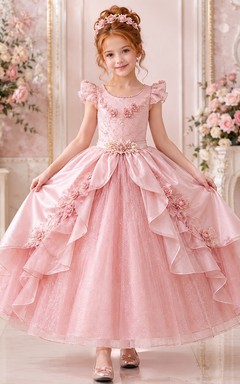Adorable Blush Cap Sleeve Cascading Ruffle Tulle Ball Gown Ankle-Length Flowergirl Dress