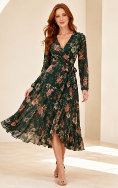 Robe midi portefeuille à manches longues vert foncé à fleurs