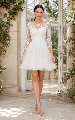 White Lace Jewel Neck Three-Quarter Sleeve A-Line Short Modest Dress