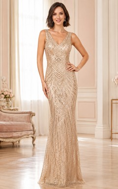 Vestido de fiesta de noche formal de lujo, sexy, con lentejuelas doradas, largo hasta el suelo, escote en V, sin mangas, estilo celebridad.