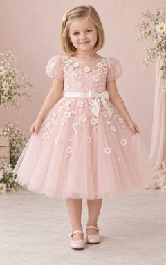 Teelanges, rosafarbenes, geblümtes Sommerkleid in A-Linie aus Tüll mit Puffärmeln und Schleife am Rücken für Blumenmädchen
