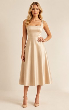 Champagnerfarbenes, schlichtes A-Linien-Midikleid aus Satin mit quadratischen Trägern