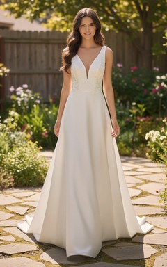 Ärmelloses A-Linien-Hochzeitskleid aus Satin mit V-Ausschnitt