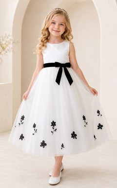Black Floral Tulle A-Line Flower Girl Party Dress with Sleeveless Bow Appliques and Ruffles