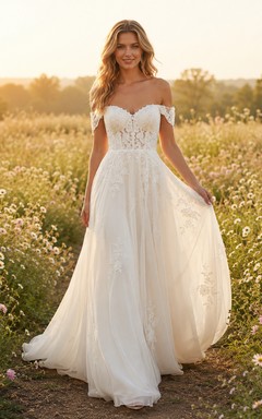 Boho Off Shoulder Lace Bodice Chiffon Wedding Dress