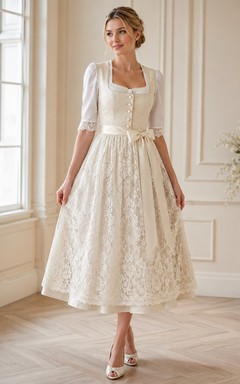 Bridal Dirndl Square Neck Three Quarter Sleeve Lace Apron Tea Wedding Dress