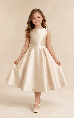 Champagne Satin Sleeveless Tea-Length A-Line Flower Girl Beach Wedding Dress With Bow