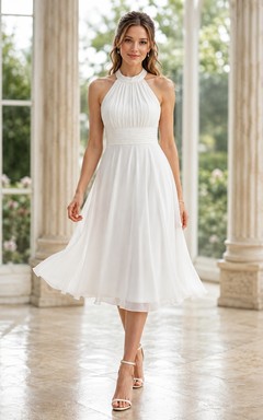 Civil High Neck Halter Pleated Chiffon Tea-Length A-Line Wedding Dress