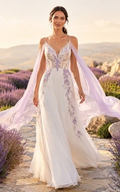 Boho Lavender Floral A-Line Chiffon Bridal Dress V-neck Sleeveless Draped Cape