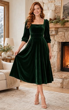Waldgrünes Samtkleid in Lodge-Midi-Länge mit eckigem Ausschnitt und Puffärmeln