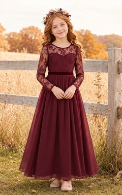 Burgundy Lace Long Sleeve Tulle A-Line Floor-Length Country Flower Girl Dress