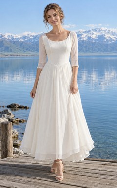 Vestido de novia sencillo de corte A con escote redondo y mangas tres cuartos hasta los tobillos