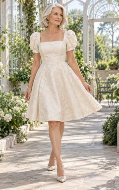 Modest Square Neck Knee Length Wedding A-Line Floral Dress for Older Brides with Puff Sleeves