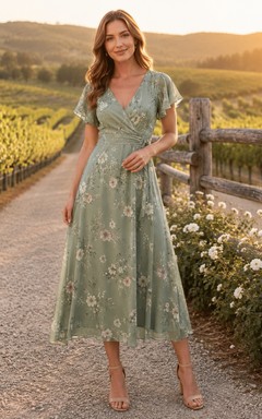 Vestido de cóctel formal para invitada de boda o dama de honor de Sage Rustic Vineyard, corte A, largo hasta la rodilla, escote en V, manga corta, gasa, estampado floral, bordado, cremallera trasera.