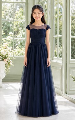 Dark Navy Junior Bridesmaid Dress A-Line Floor-Length Jewel Short Sleeve Illusion Yoke Romantic