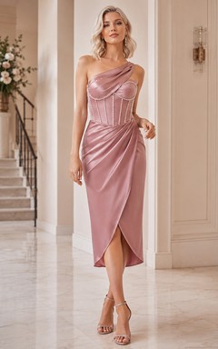 Altrosafarbenes, drapiertes Satin-Midikleid mit Wasserfallausschnitt