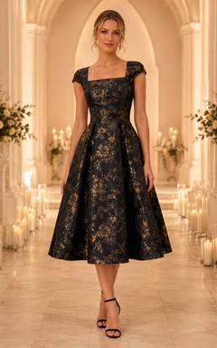 Vestido midi de invitada con cuello cuadrado, brocado y mangas cortas en color negro y dorado.