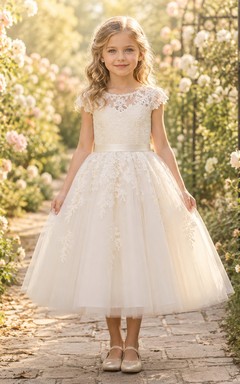 Blumenmädchenkleid Champagnerfarbene Spitze Tüll A-Linie Flügelärmel Rundhalsausschnitt Teelänge