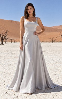 Vestido de novia sencillo de corte A con escote cuadrado, sin mangas, de satén plateado, tirantes anchos y cola larga.