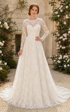 Robe de mariée en dentelle et tulle, coupe trapèze, bustier cœur, manches longues, traîne.
