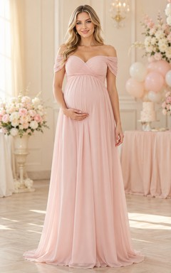 Blushing Pink Maternity Off Shoulder Sweetheart Empire Chiffon Floor Length Baby Shower Dress