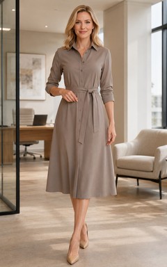 Vestido midi de oficina color topo con cuello camisero, manga tres cuartos y cinturón.