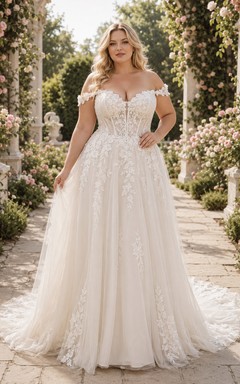 Plus Size schulterfreies A-Linien-Hochzeitskleid aus Spitze