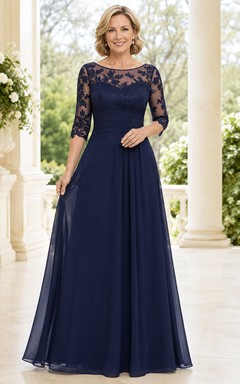 MOB Dress Dark Navy Chiffon Lace A-Line 3/4 Sleeve Bateau Neck Floor Length