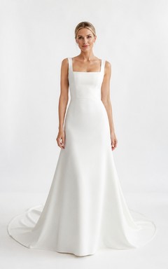 Square Neck Straps Crepe A Line Sweep Train Wedding Dress