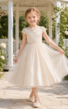 Romantic Tulle Tea-Length A-Line Lace Cap Sleeve Sash Flower Girl Garden Wedding Dress