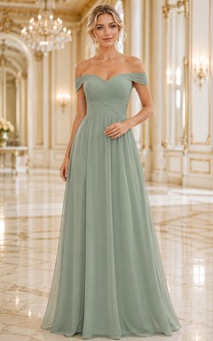 Formal Ballroom Sage Romantic Elegant A-Line Chiffon Bridesmaid Dress with Off Shoulder Sweetheart Short Sleeve Floor-Length Low Back