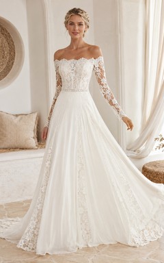 Romantic Boho Lace A Line Off Shoulder Long Sleeve Chapel Wedding Gown