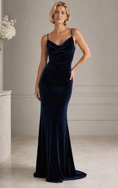 Navy Satin Cowl Neck Sleeveless Mermaid Floor-length Formal Gown