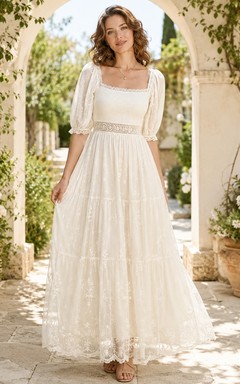 Boho Square Neck Three-Quarter Puff Sleeve Lace A-Line Floor-Length Wedding Dress