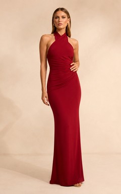 Red Halter Crepe Sheath Evening Dress