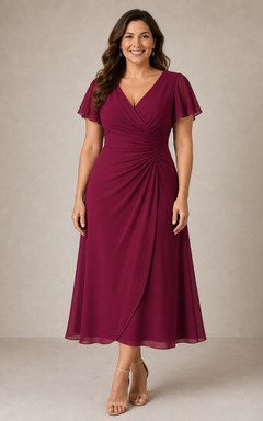 Bordeauxrotes Wickelkleid mit flatternden Ärmeln in Teelänge und A-Linie