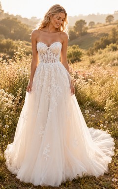 Strapless A-Line Lace Country Wedding Dress with Corset Bodice and Soft Train