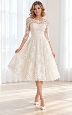 Tea-length Modest Bateau Half Sleeve Floral Lace A-line Wedding Dress