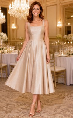 Vestido de gala de satén color champán con tirantes finos y escote cuadrado, corte en A, ideal para entrega de premios.
