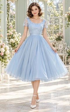 1960s Sky Blue Scoop Neck Lace Sleeve Tulle Prom Dress