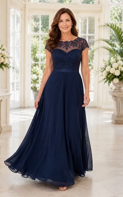 Dunkelblaues Chiffon-Kleid mit Spitzenoberteil und A-Linien-Design für Mütter