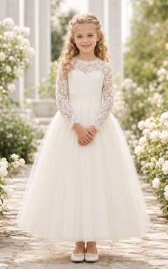 Langärmeliges A-Linien-Kleid aus Spitze und Tüll für Blumenmädchen mit Rundhalsausschnitt und bodenlangem Rock