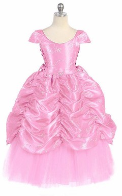 Ankle-Length Embroideried Tiered Lace&Taffeta Flower Girl Dress With Broach